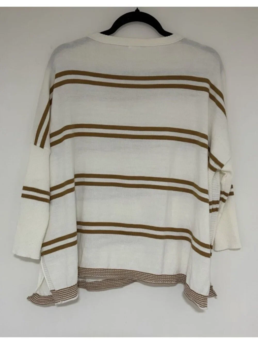Mersea Women’s Tan And White Striped Catalina Sweater One Size Petite 3/4 Sleeve